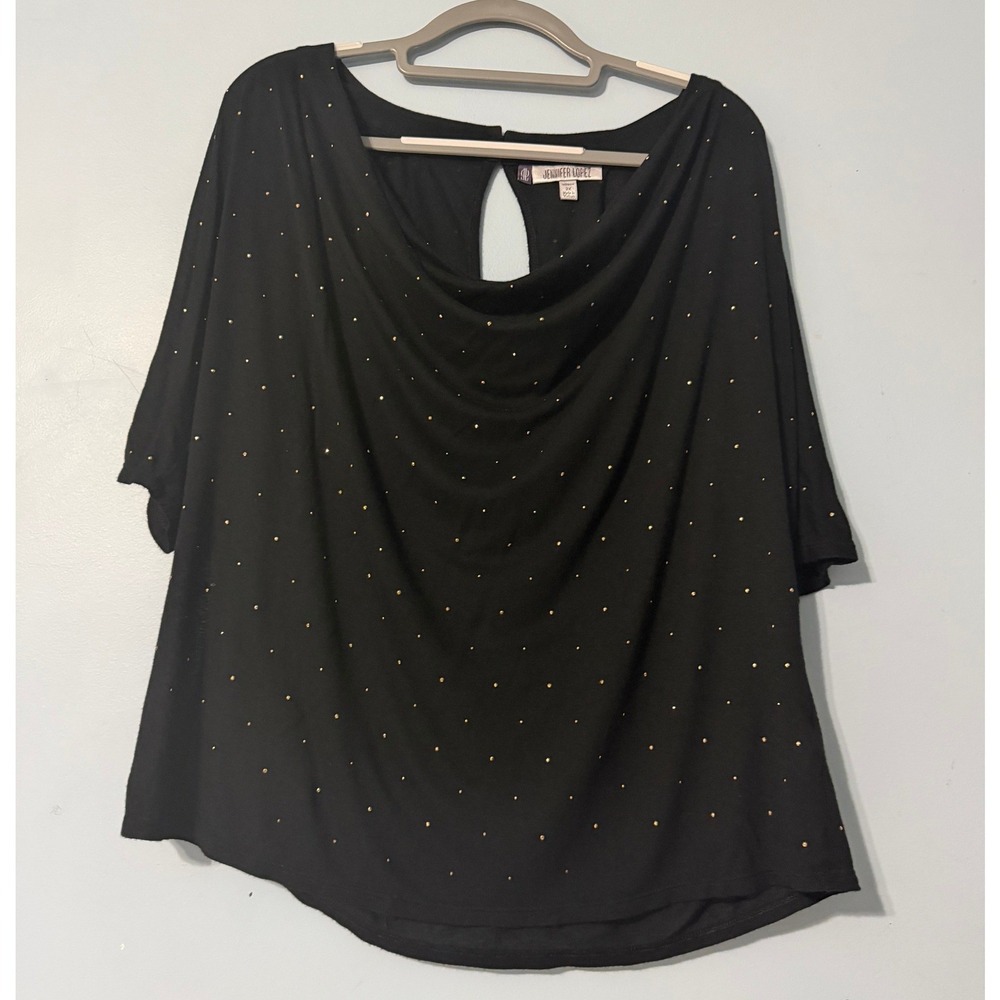 Jennifer Lopez 2X Black Cold Shoulder Cowl Neck Studded Blouse 2428